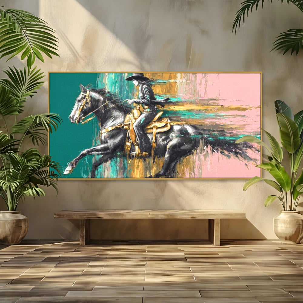 Tablou canvas cu pictura cu femeie calare pe armasar, in rama de aluminiu auriu